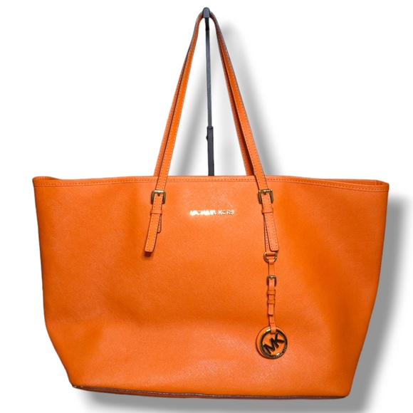 Michael Kors Handbags - Michael Kors | Jet Set Saffiano Tangerine Leather Gold Tote